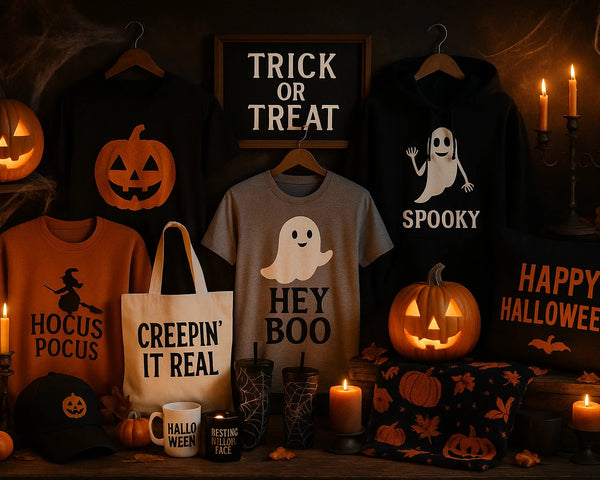 Halloween Collection: Spooky clothing, trick or treat shirts, costumes, haunted house apparel, creepy tees, gothic attire, Halloween pajamas, family shirts, glow-in-the-dark tops, and more. Perfect for Halloween parties, horror fans, and festive fun.