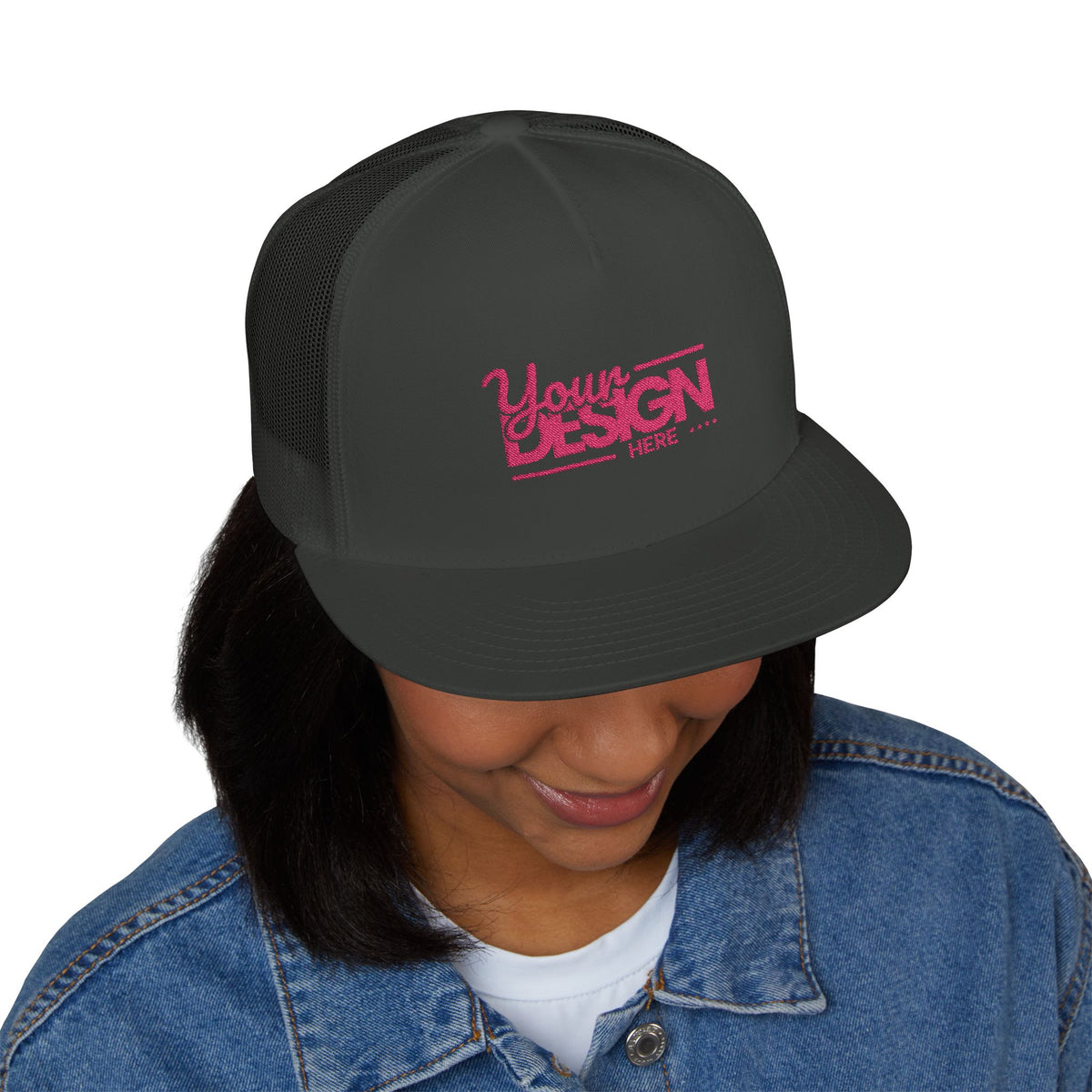 Custom Five-Panel Trucker Hat – Personalized High-Profile Mesh Snapback, Custom Logo Flat Bill Cap for Men & Women
