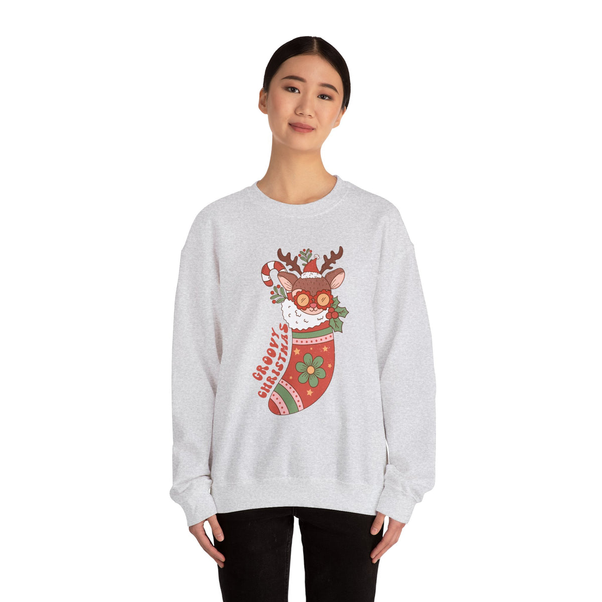 Groovy Christmas Stocking Crewneck Sweatshirt - Cute Reindeer Christmas Sweater - Holiday Cheer