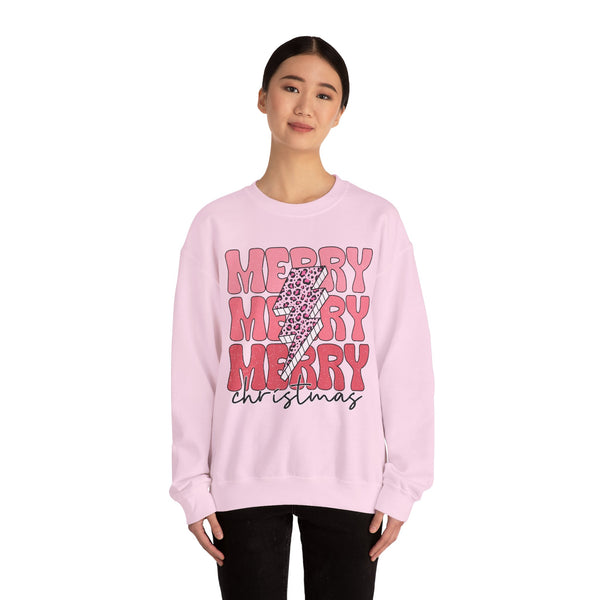 Merry Merry Merry Christmas Crewneck Sweatshirt - Bold Lightning Christmas Sweater - Holiday Cheer