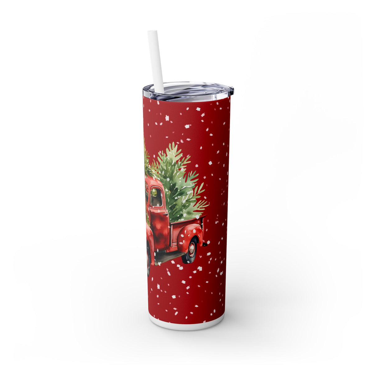 Holiday Tumbler - Christmas Red Truck with Snowflakes and Poinsettias, Winter Holiday Gift