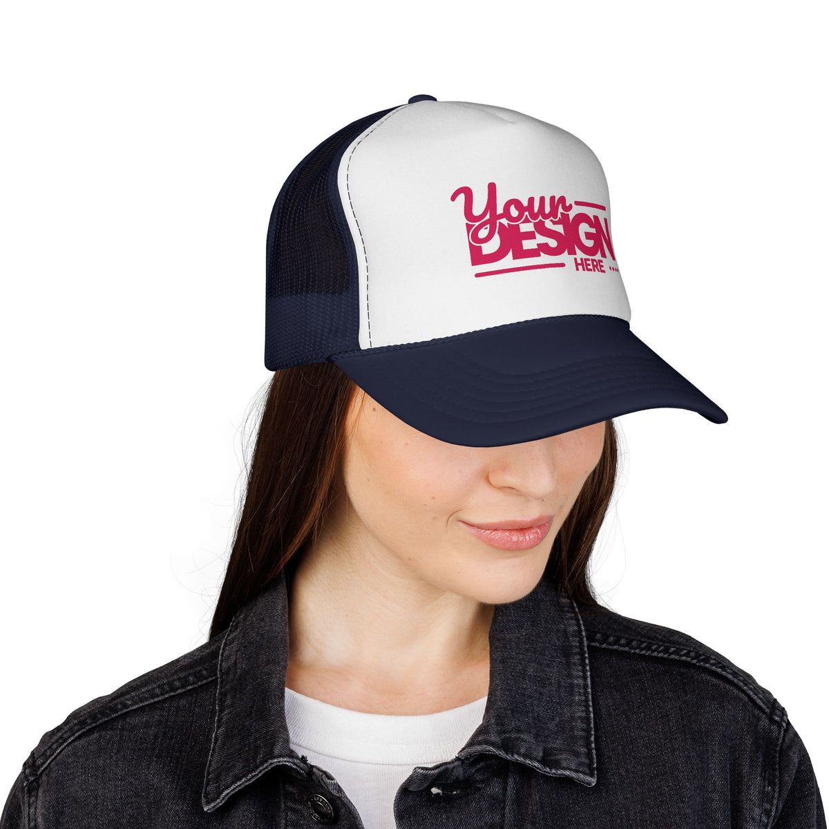 Custom Trucker Hat – Embroidered ‘Your Design Here’ Retro Script Cap, Personalized Mesh Snapback in Multiple Colors for Men & Women