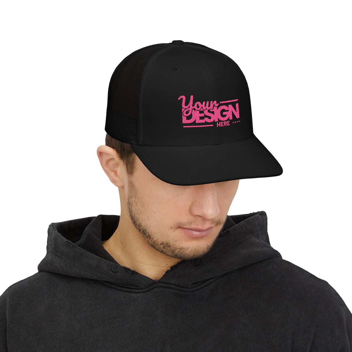 Embroidered Trucker Cap – Custom ‘Your Design Here’ Snapback, Personalized Mesh Baseball Hat for Men & Women