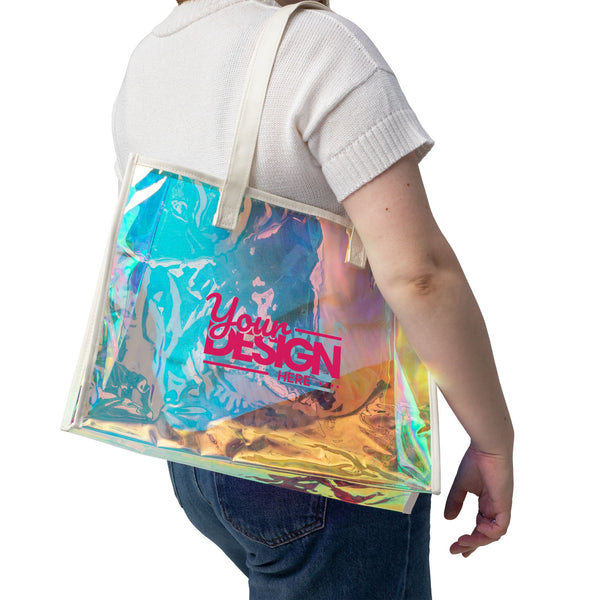 Customizable Holographic Beach Tote Bag – Iridescent Clear Pool & Summer Carryall, Personalized Transparent Shoulder Bag for Vacations & Gifts