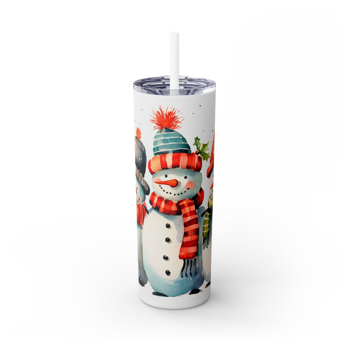 Colorful Snowmen Christmas Tumbler - Holiday Scene with Snowmen and Bright Scarves