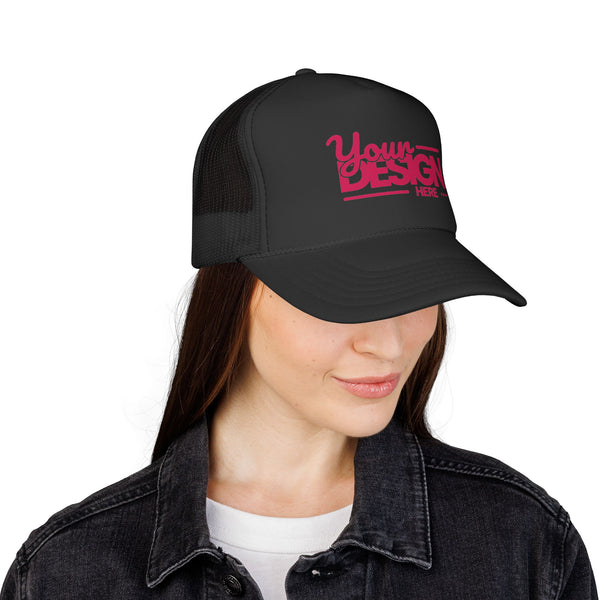 Custom Trucker Hat – Embroidered ‘Your Design Here’ Retro Script Cap, Personalized Mesh Snapback in Multiple Colors for Men & Women
