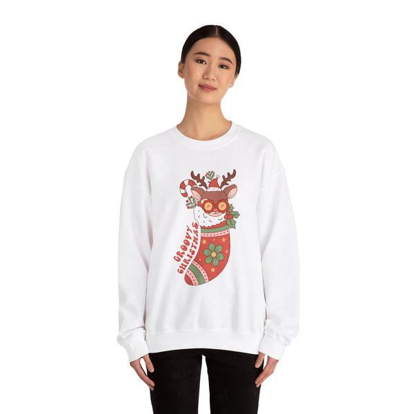 Groovy Christmas Stocking Crewneck Sweatshirt - Cute Reindeer Christmas Sweater - Holiday Cheer