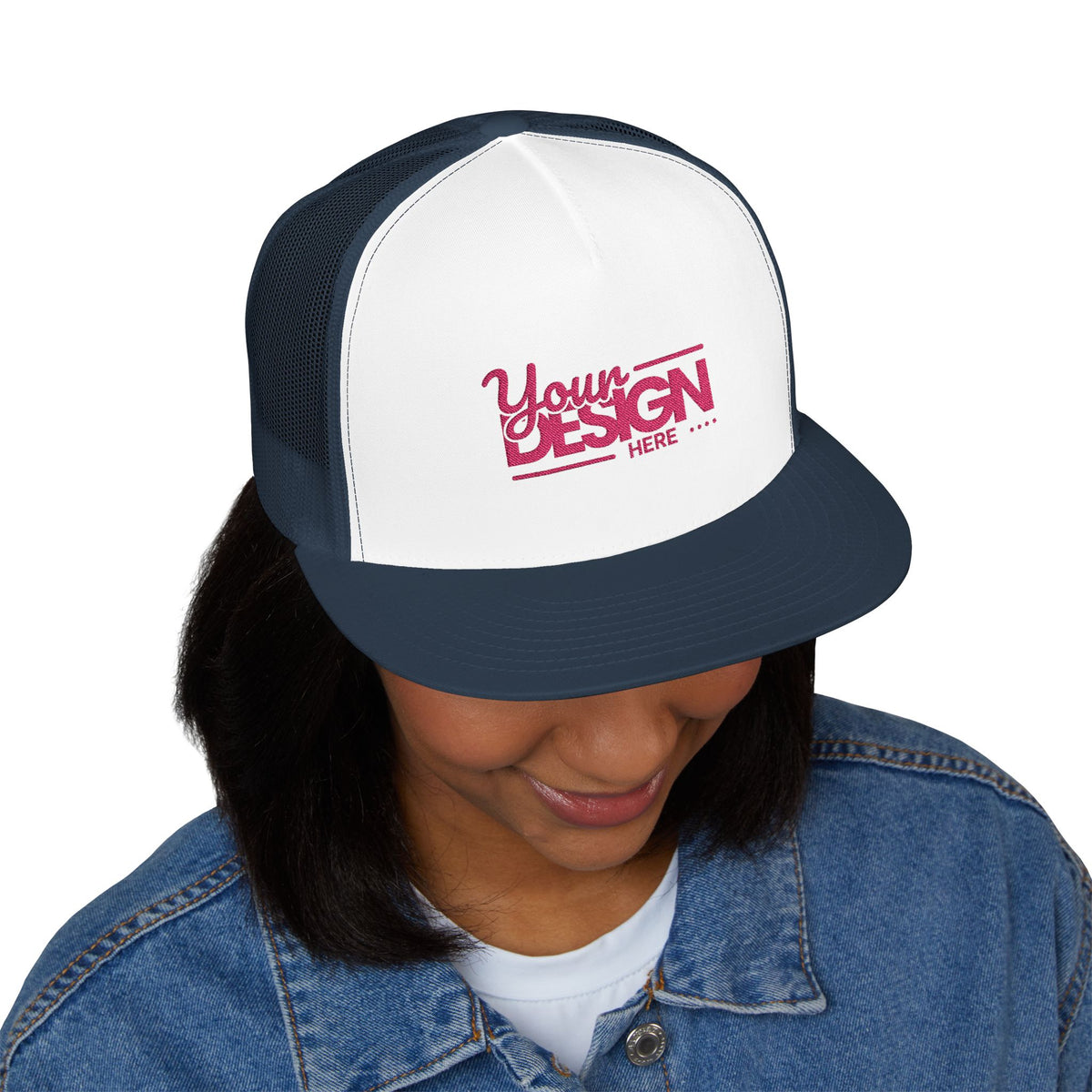 Custom Five-Panel Trucker Hat – Personalized High-Profile Mesh Snapback, Custom Logo Flat Bill Cap for Men & Women