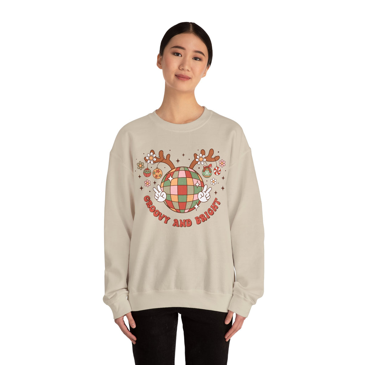 Groovy and Bright Crewneck Sweatshirt - Festive Disco Reindeer Christmas Sweater - Christmas Fun