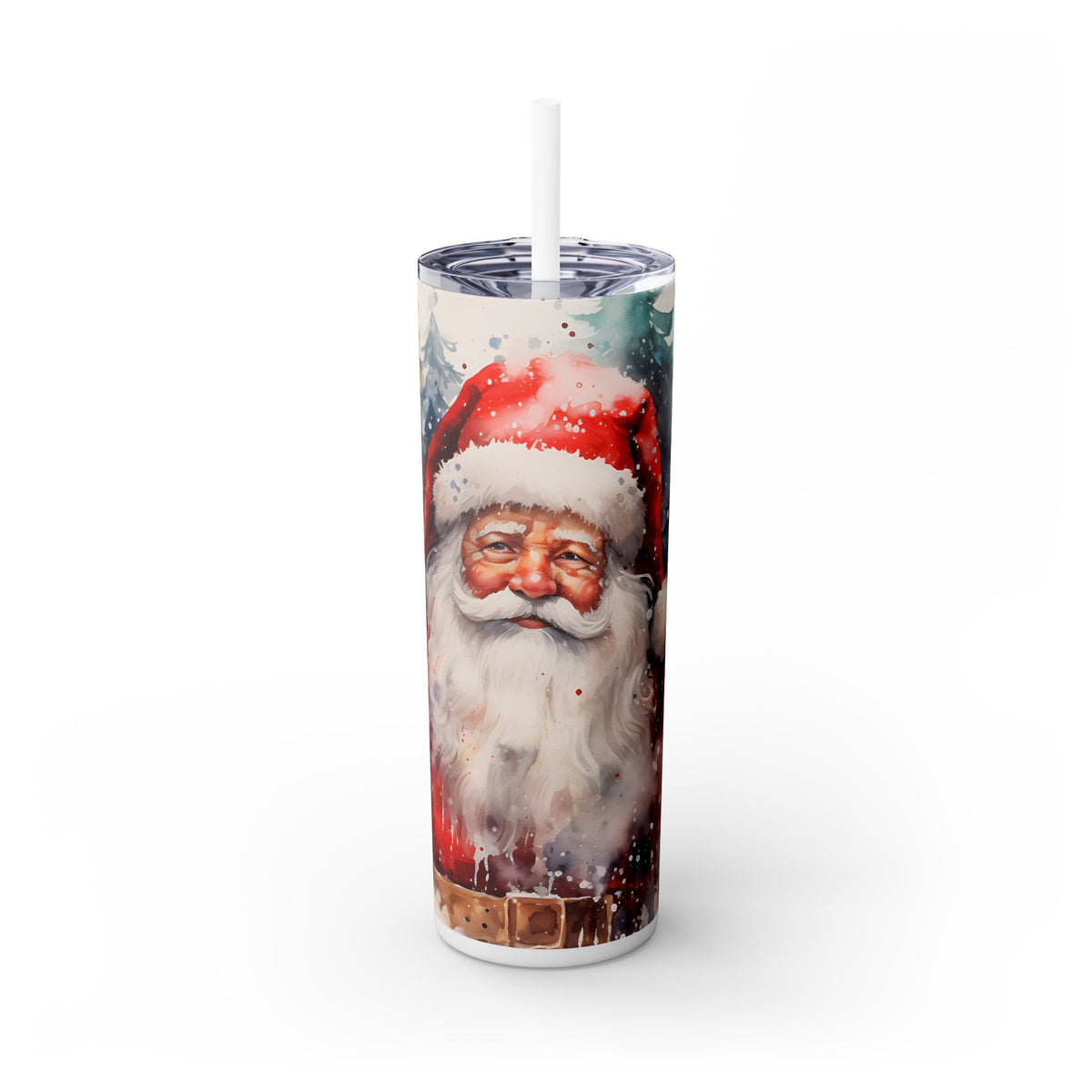 Watercolor Santa Christmas Tumbler - Santa Claus with Snowy Trees and Snowflakes