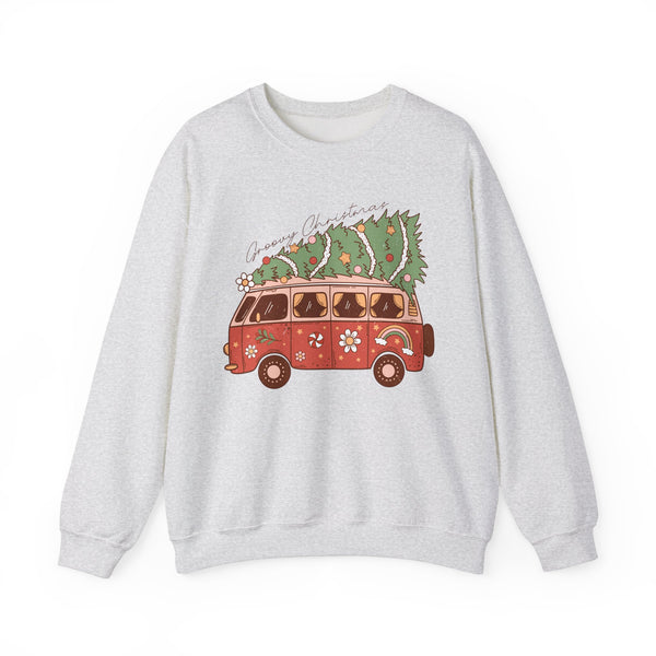 Groovy Christmas Van Crewneck Sweatshirt - Fun Holiday Road Trip Christmas Sweater - Merry Vibes