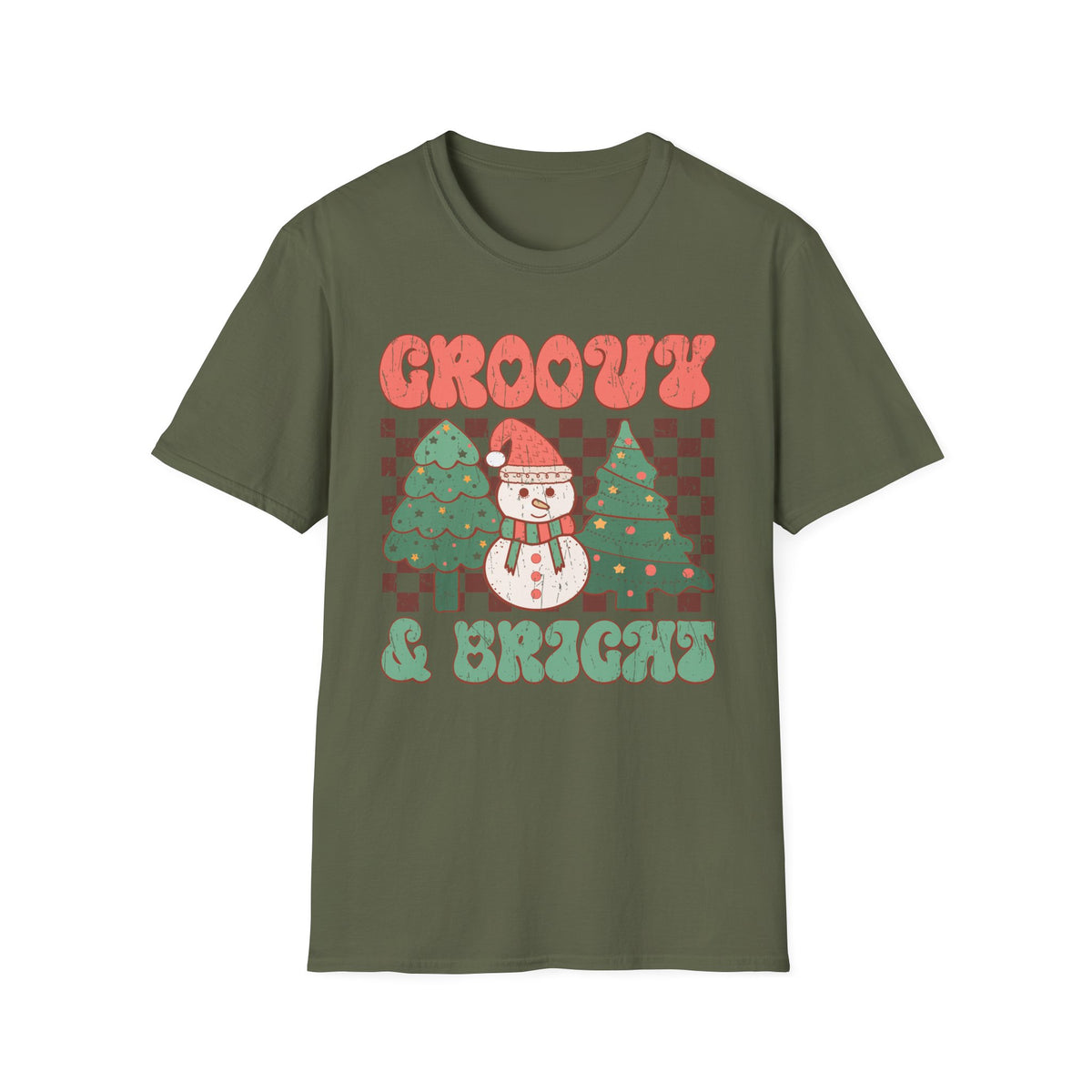 Groovy & Bright Christmas T-Shirt – Retro Snowman & Christmas Trees