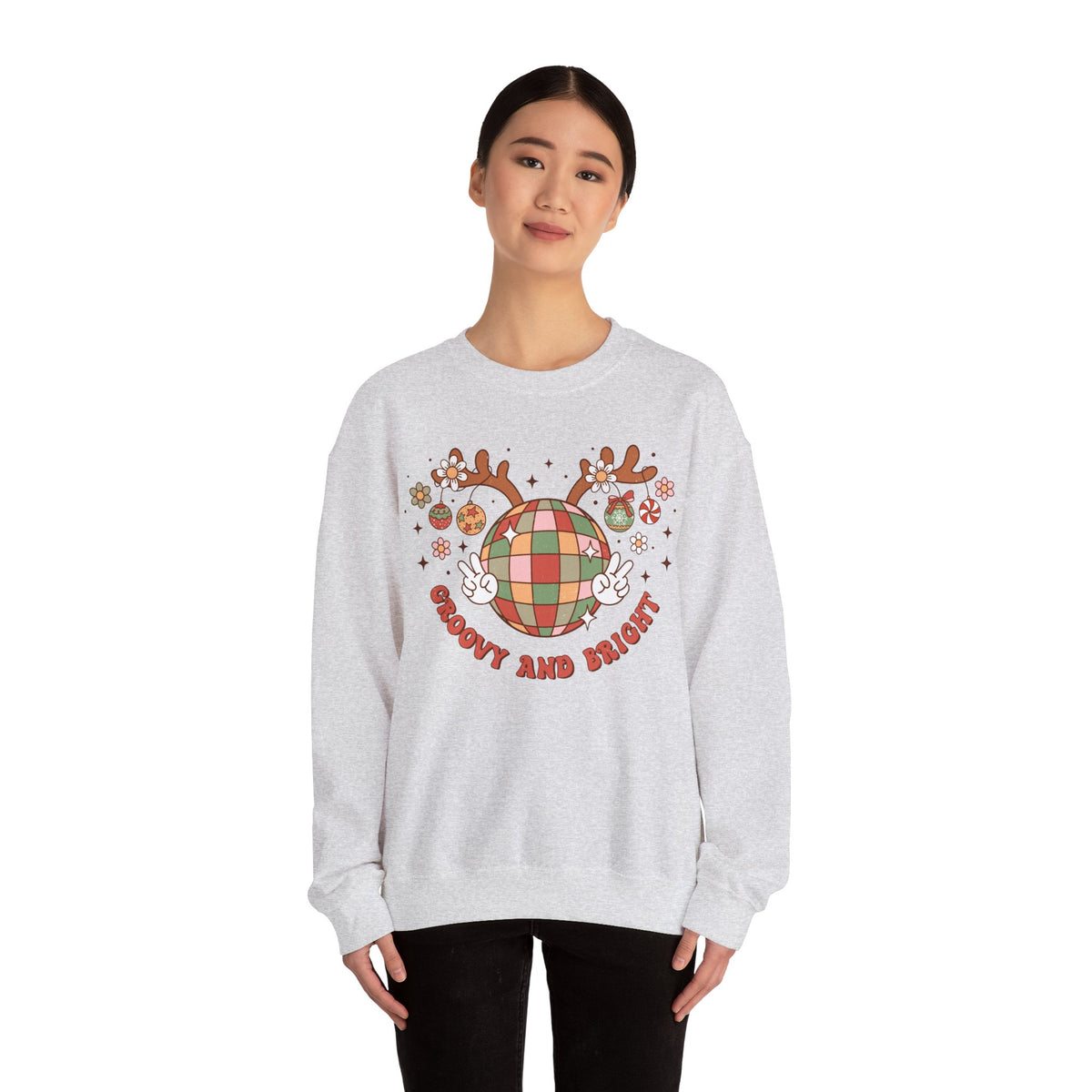 Groovy and Bright Crewneck Sweatshirt - Festive Disco Reindeer Christmas Sweater - Christmas Fun