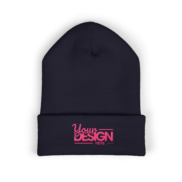Embroidered Classic Cuffed Beanie – Customizable Pink Logo Winter Hat, Personalized Knit Beanie for Men & Women