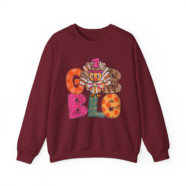 Funny Thanksgiving Sweatshirt – Gobble Turkey Graphic Sweater with Festive Colors and Pilgrim Hat