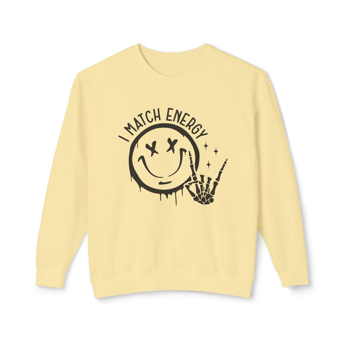 I Match Energy Sweatshirt - Cool Skeleton Hand and Smiley Graphic Pullover