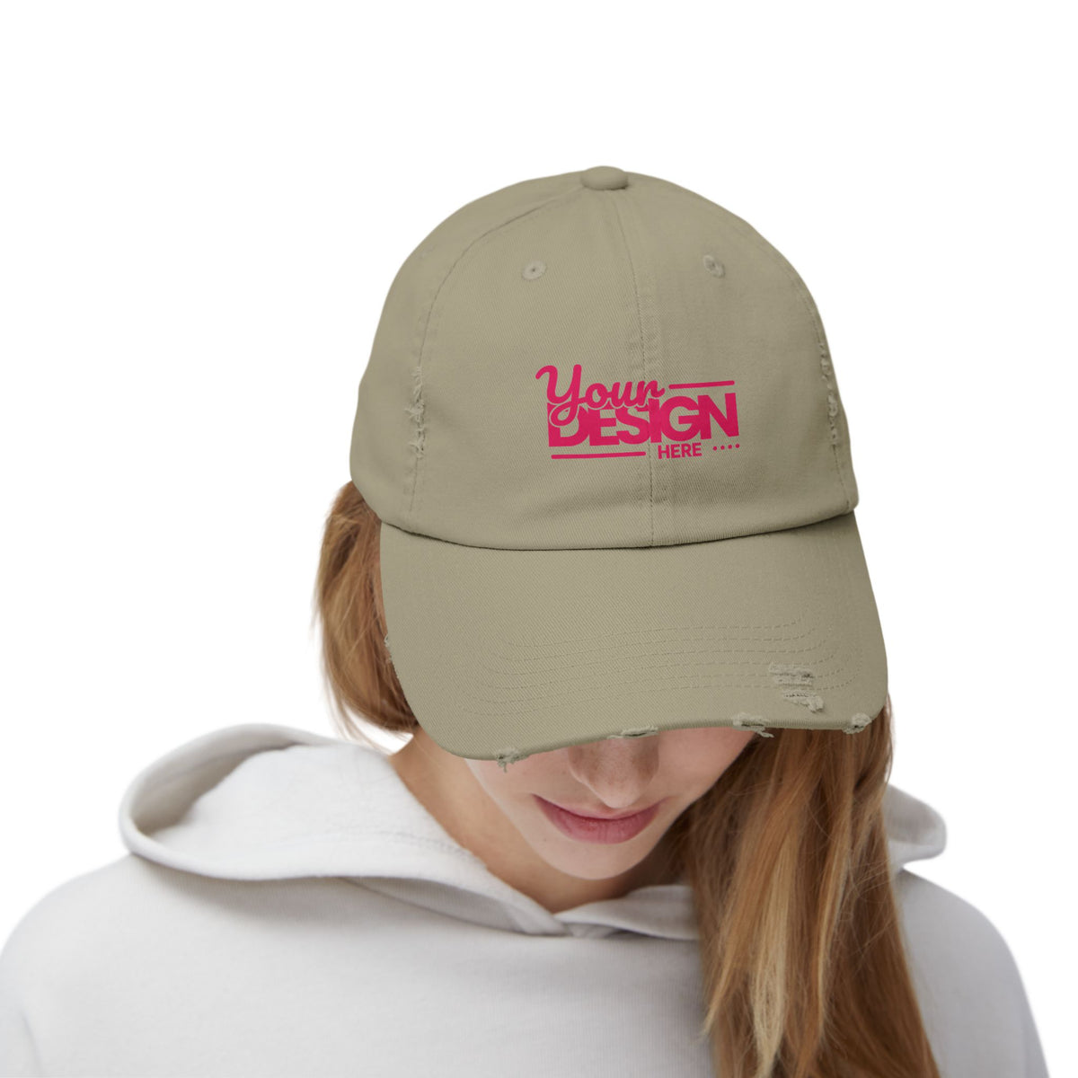 Distressed Dad Hat – Retro Pink ‘Your Design Here’ Custom Printed Cap, Personalized Vintage Baseball Hat for Men & Women