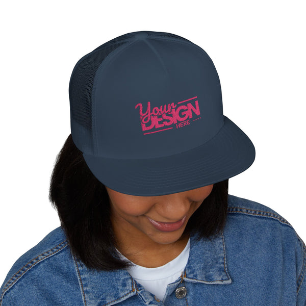 Custom Five-Panel Trucker Hat – Personalized High-Profile Mesh Snapback, Custom Logo Flat Bill Cap for Men & Women