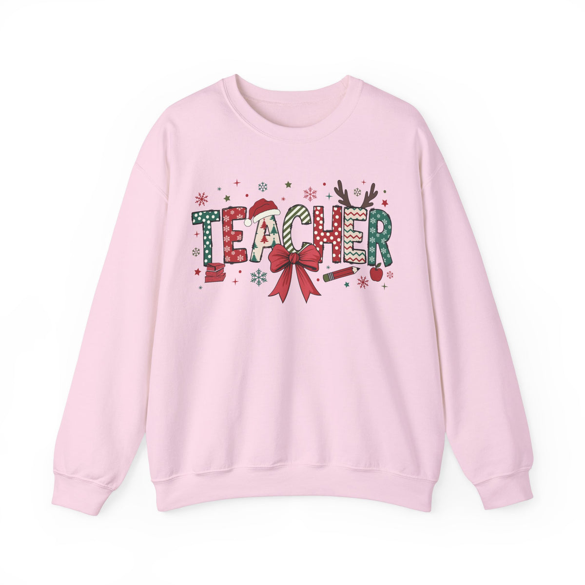 Teacher Christmas T-Shirt – Festive Holiday Graphic Tee with Santa Hat, Bow, and Snowflakes