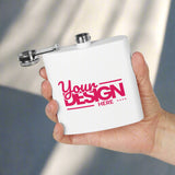 White flask with 'Your Design Here' text held in a hand against a white background