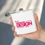 White flask with 'Your Design Here' text held in a hand against a white background