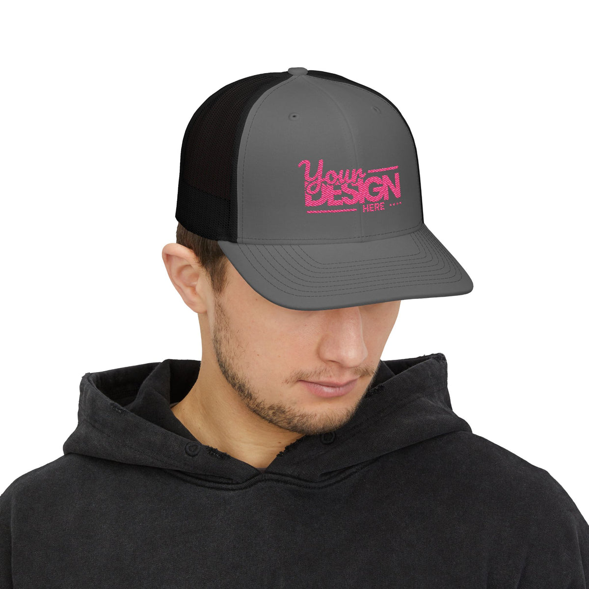 Embroidered Trucker Cap – Custom ‘Your Design Here’ Snapback, Personalized Mesh Baseball Hat for Men & Women