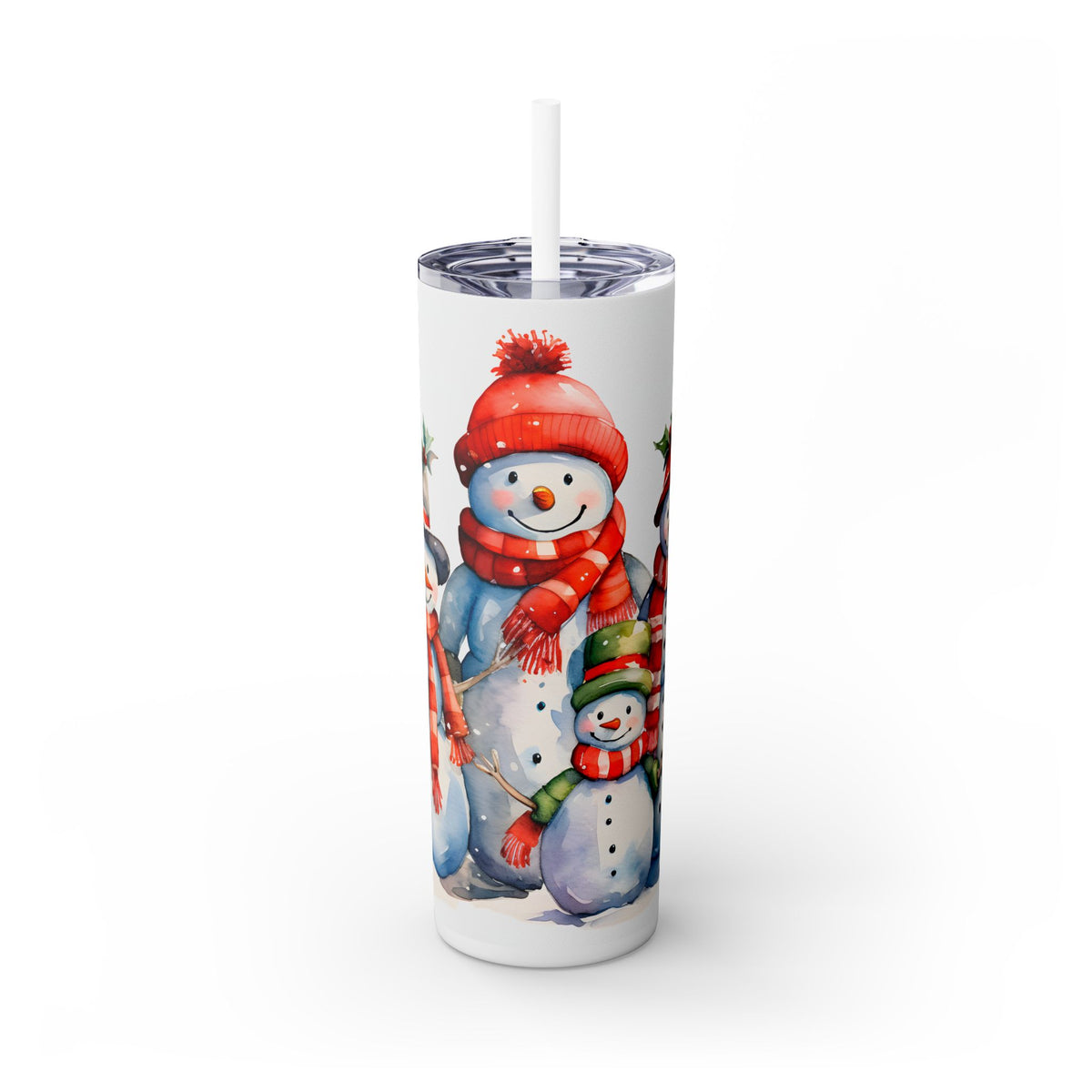 Snowman Family Christmas Tumbler - Cute Snowmen with Colorful Scarves and Winter Hats