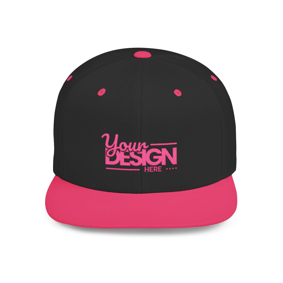 Snapback Hat – White Flat Bill Cap with Pink ‘Your Design Here’ Embroidery, Custom Logo Hat for Men & Women