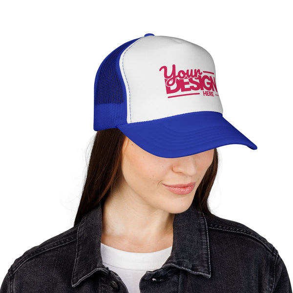 Custom Trucker Hat – Embroidered ‘Your Design Here’ Retro Script Cap, Personalized Mesh Snapback in Multiple Colors for Men & Women