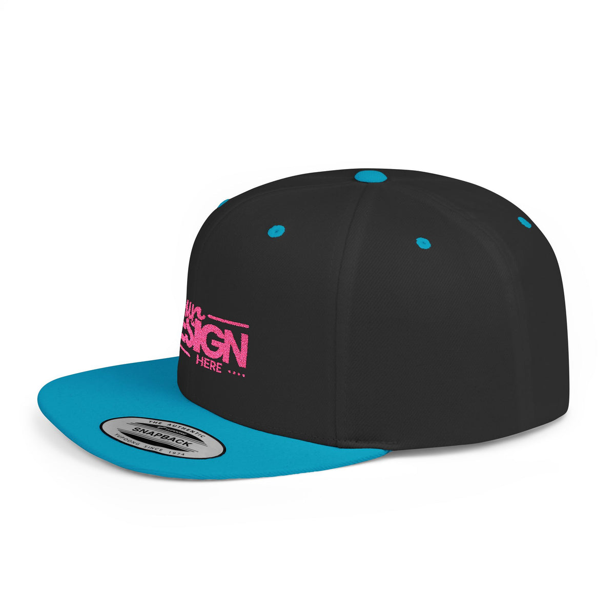 Snapback Hat – White Flat Bill Cap with Pink ‘Your Design Here’ Embroidery, Custom Logo Hat for Men & Women