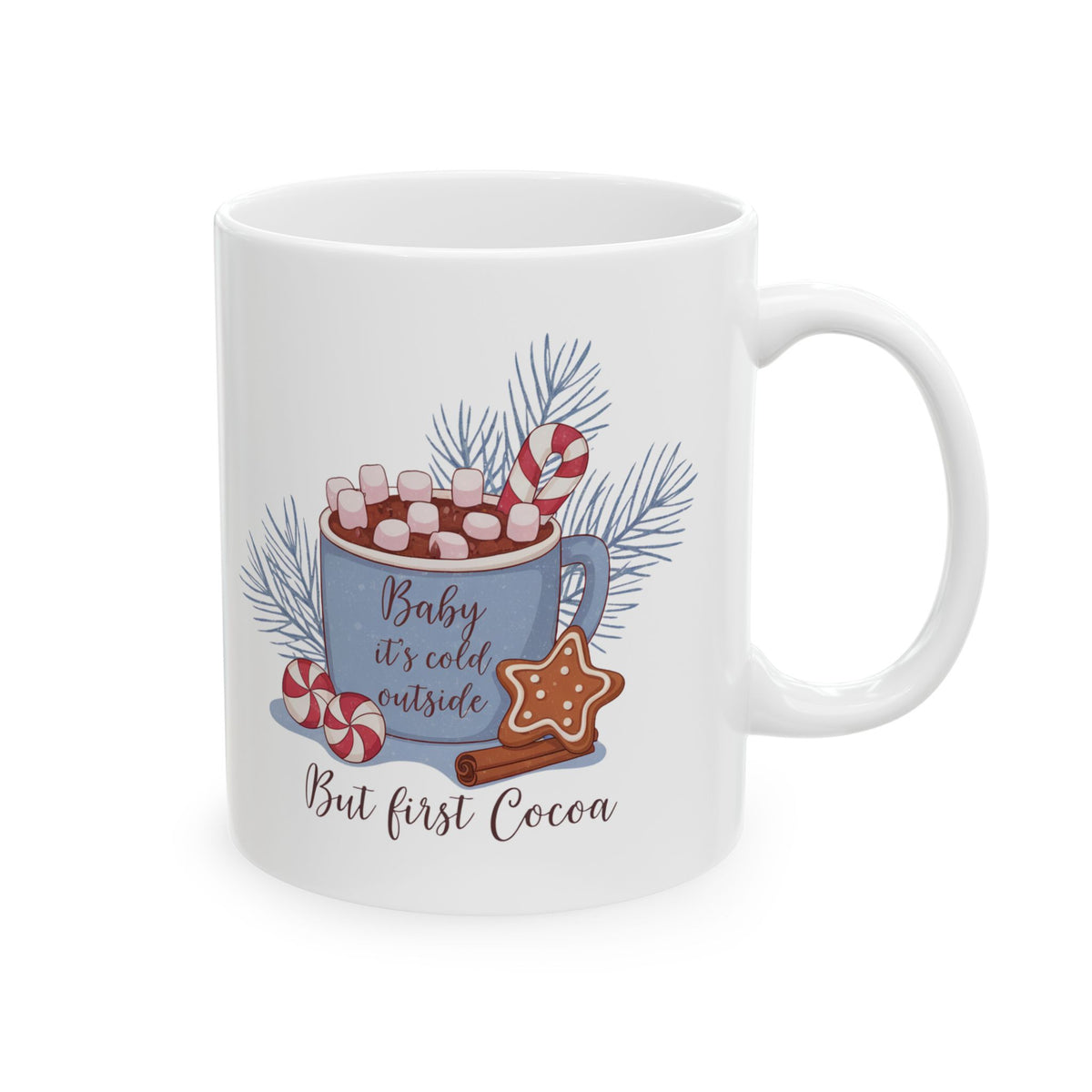 Holiday Hot Cocoa Ceramic Mug — Festive Pine, Candy Cane & Gingerbread Design (11oz, 15oz)