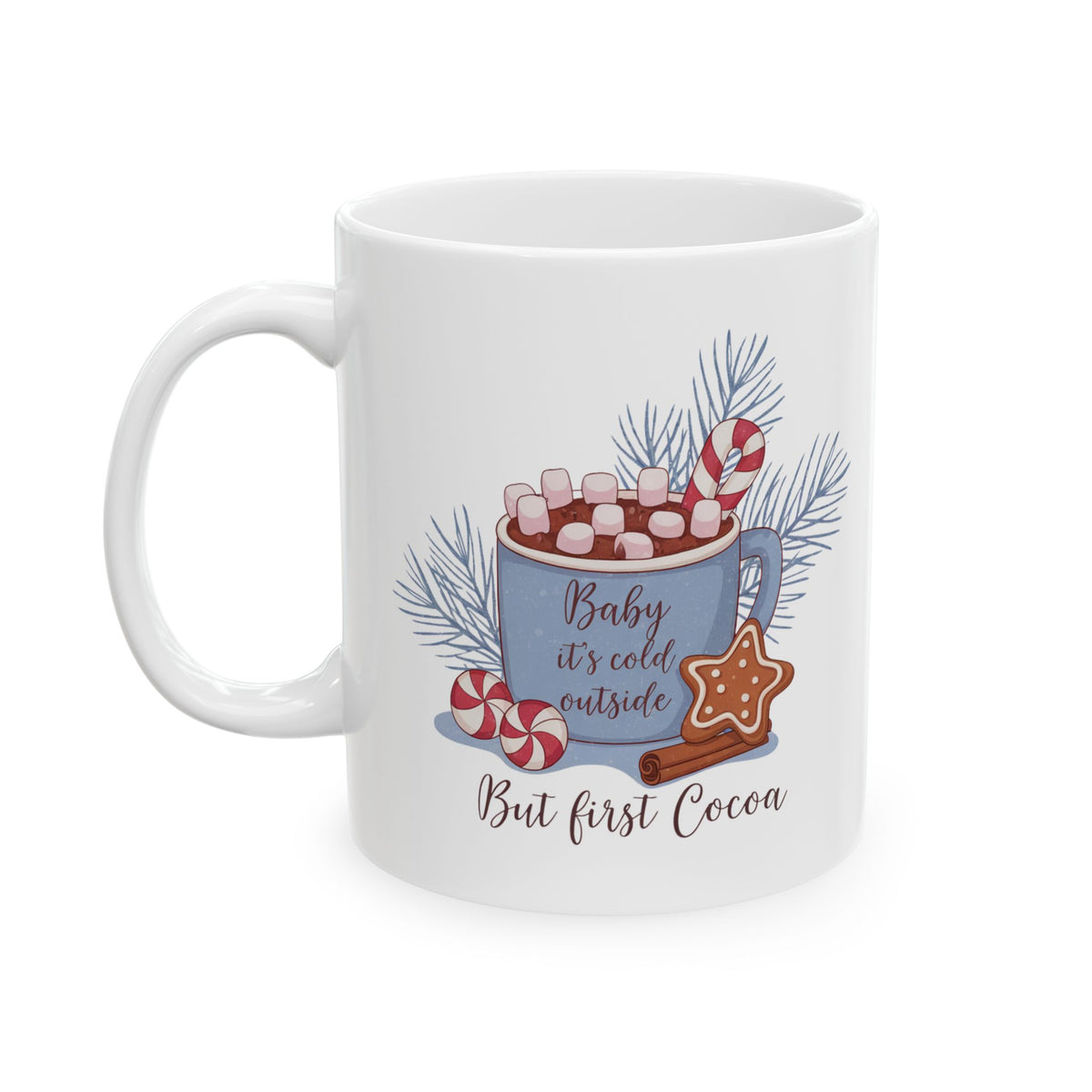 Holiday Hot Cocoa Ceramic Mug — Festive Pine, Candy Cane & Gingerbread Design (11oz, 15oz)