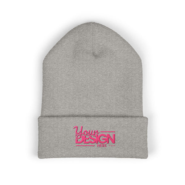 Embroidered Classic Cuffed Beanie – Customizable Pink Logo Winter Hat, Personalized Knit Beanie for Men & Women
