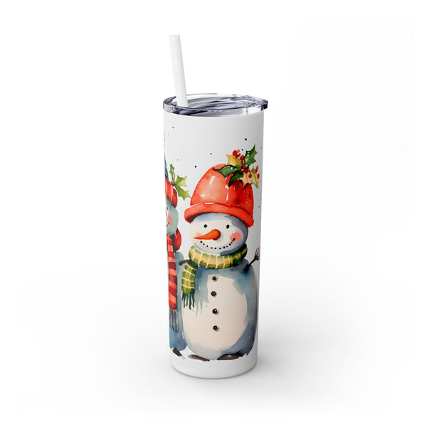 Colorful Snowmen Christmas Tumbler - Holiday Scene with Snowmen and Bright Scarves