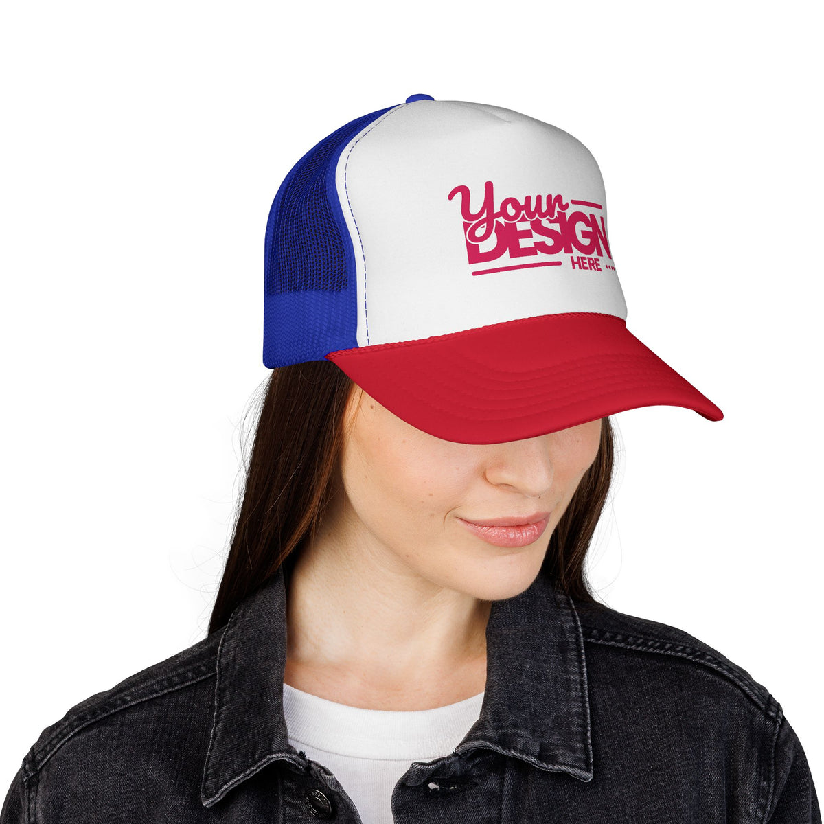 Custom Trucker Hat – Embroidered ‘Your Design Here’ Retro Script Cap, Personalized Mesh Snapback in Multiple Colors for Men & Women