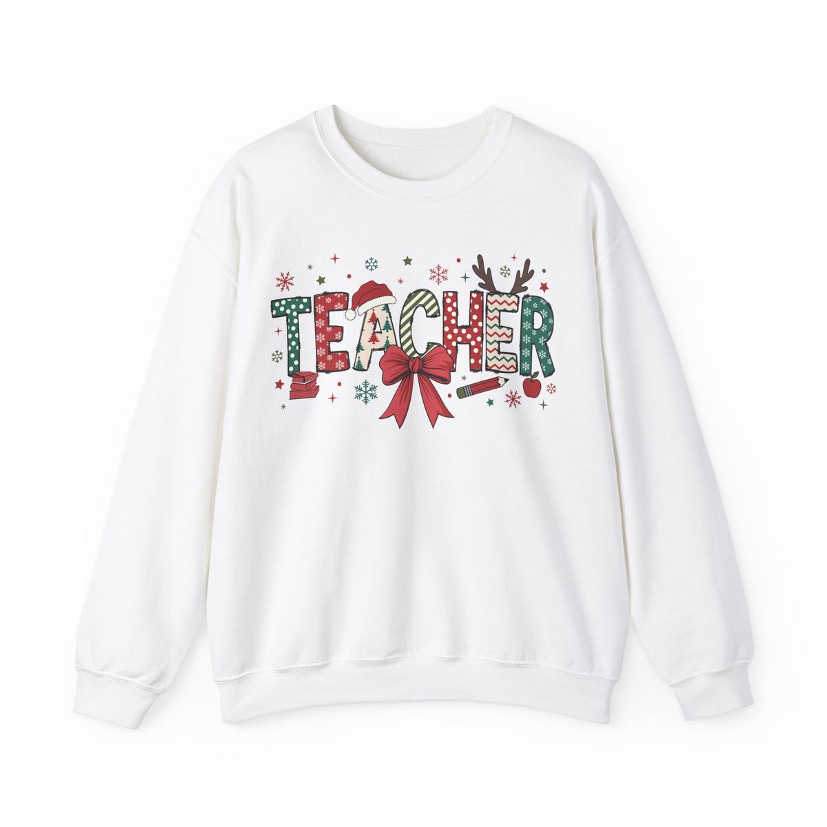 Teacher Christmas T-Shirt – Festive Holiday Graphic Tee with Santa Hat, Bow, and Snowflakes