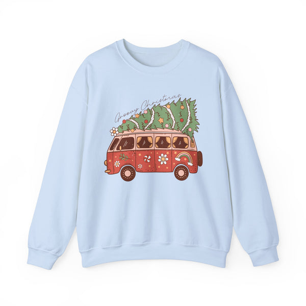 Groovy Christmas Van Crewneck Sweatshirt - Fun Holiday Road Trip Christmas Sweater - Merry Vibes