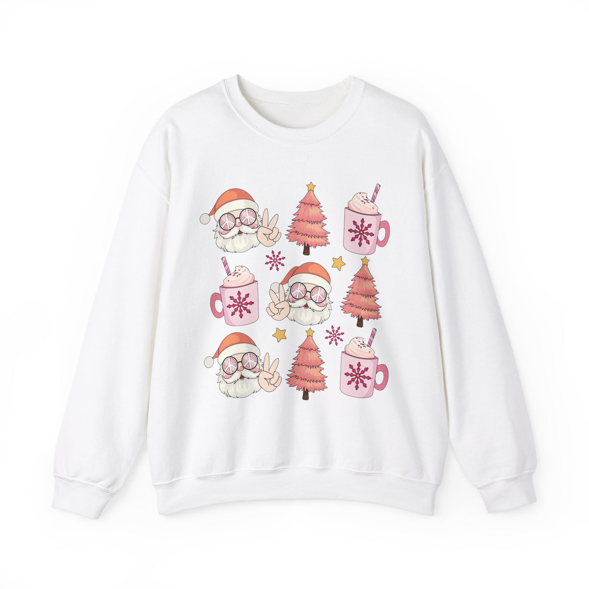 Peaceful Santa Crewneck Sweatshirt - Cute Santa with Peace Signs and Holiday Trees - Merry Vibes