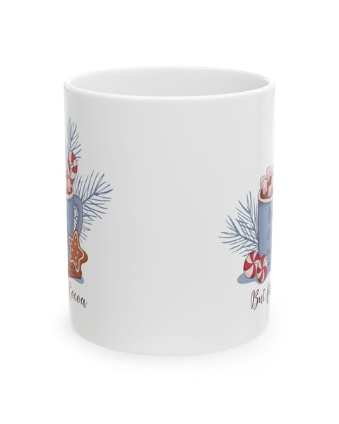 Holiday Hot Cocoa Ceramic Mug — Festive Pine, Candy Cane & Gingerbread Design (11oz, 15oz)