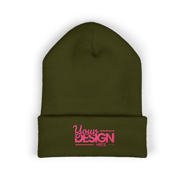 Embroidered Classic Cuffed Beanie – Customizable Pink Logo Winter Hat, Personalized Knit Beanie for Men & Women