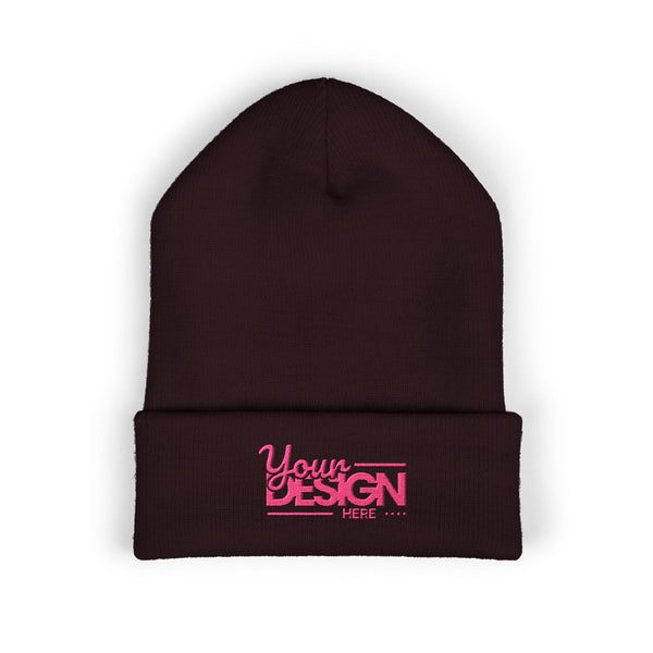 Embroidered Classic Cuffed Beanie – Customizable Pink Logo Winter Hat, Personalized Knit Beanie for Men & Women