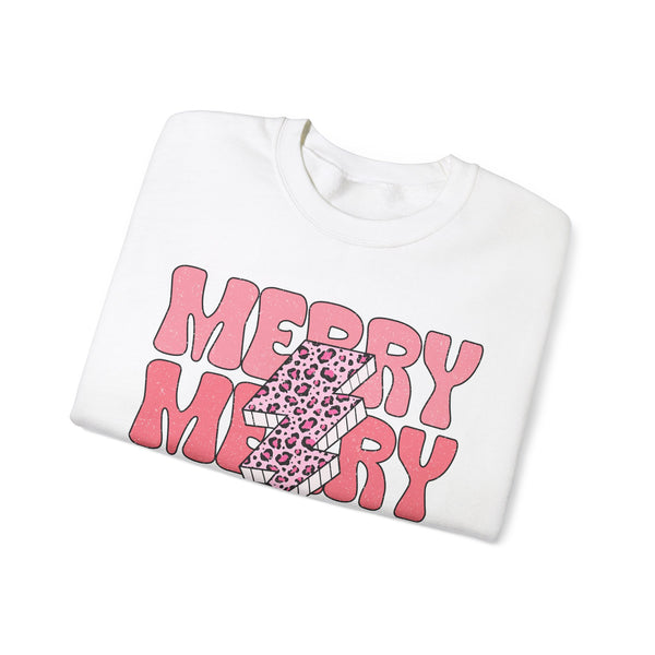 Merry Merry Merry Christmas Crewneck Sweatshirt - Bold Lightning Christmas Sweater - Holiday Cheer