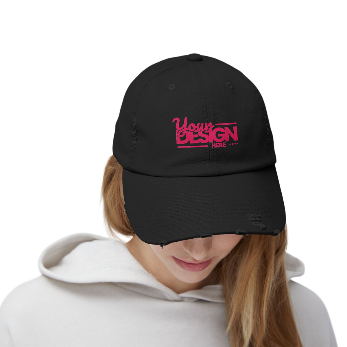 Distressed Dad Hat – Retro Pink ‘Your Design Here’ Custom Printed Cap, Personalized Vintage Baseball Hat for Men & Women