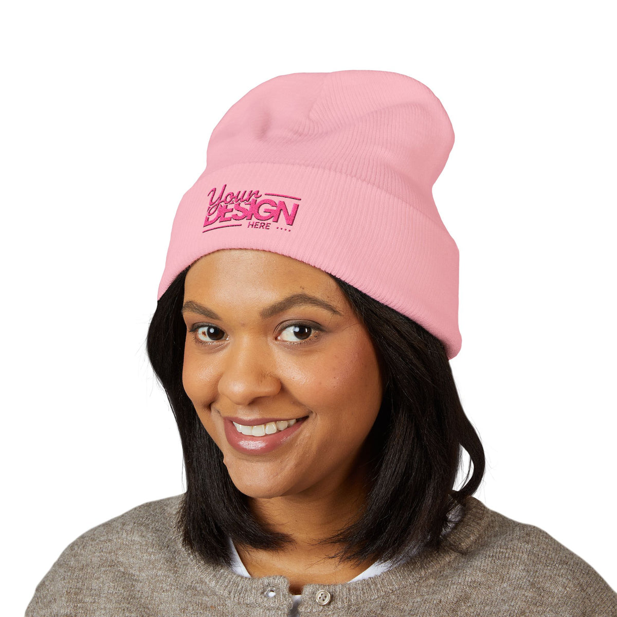 Embroidered Classic Cuffed Beanie – Customizable Pink Logo Winter Hat, Personalized Knit Beanie for Men & Women