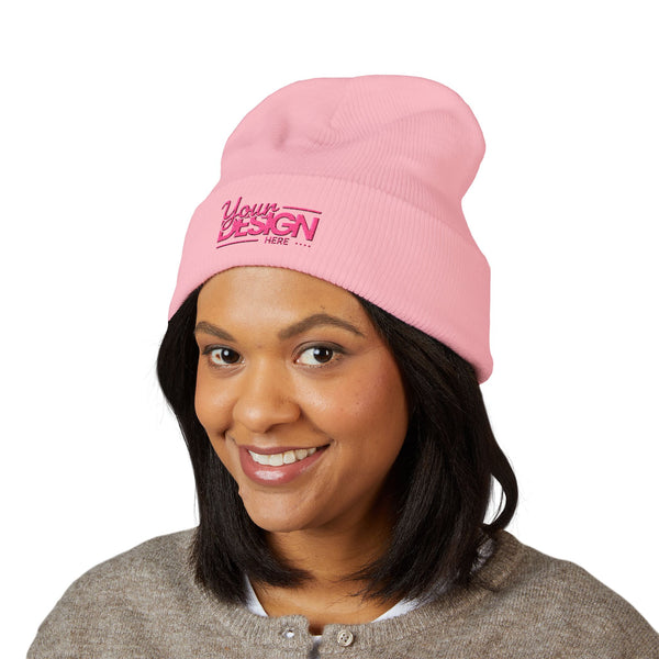 Embroidered Classic Cuffed Beanie – Customizable Pink Logo Winter Hat, Personalized Knit Beanie for Men & Women