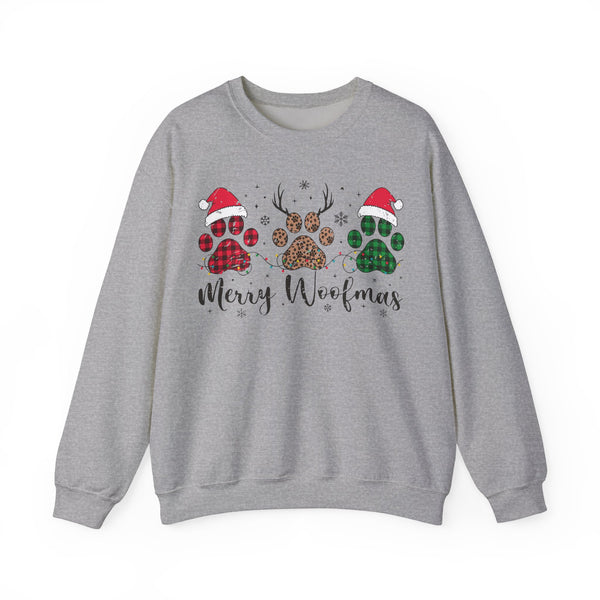 Merry Woofmas Christmas Sweatshirt – Funny Dog Paw Print Holiday Tee with Santa Hats, Reindeer Antlers & Christmas