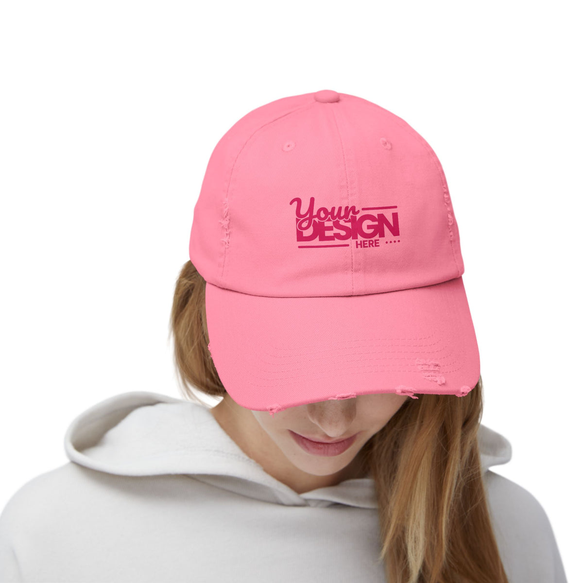 Distressed Dad Hat – Retro Pink ‘Your Design Here’ Custom Printed Cap, Personalized Vintage Baseball Hat for Men & Women
