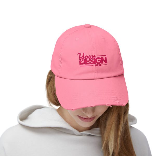 Distressed Dad Hat – Retro Pink ‘Your Design Here’ Custom Printed Cap, Personalized Vintage Baseball Hat for Men & Women