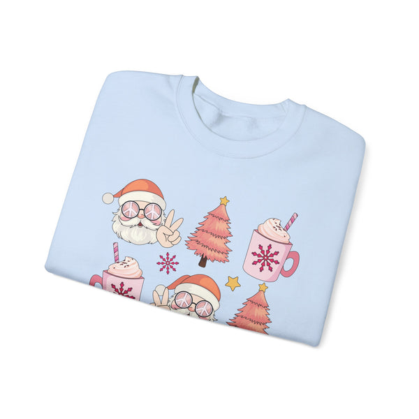 Peaceful Santa Crewneck Sweatshirt - Cute Santa with Peace Signs and Holiday Trees - Merry Vibes