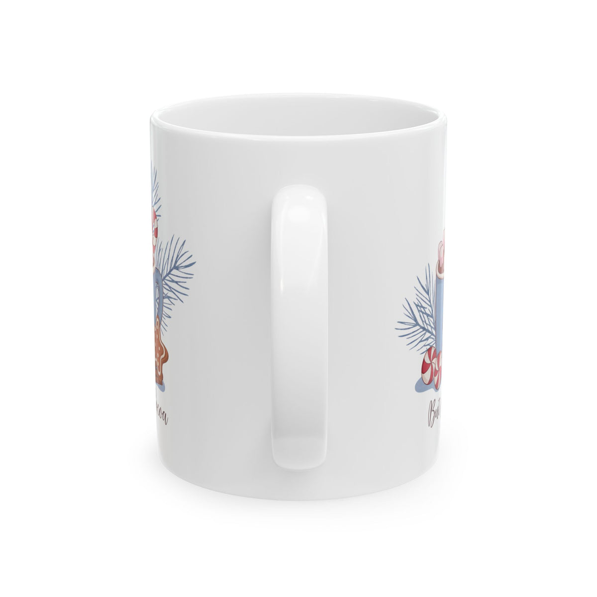 Holiday Hot Cocoa Ceramic Mug — Festive Pine, Candy Cane & Gingerbread Design (11oz, 15oz)